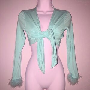 y2k wrap top with fluffy sleeves